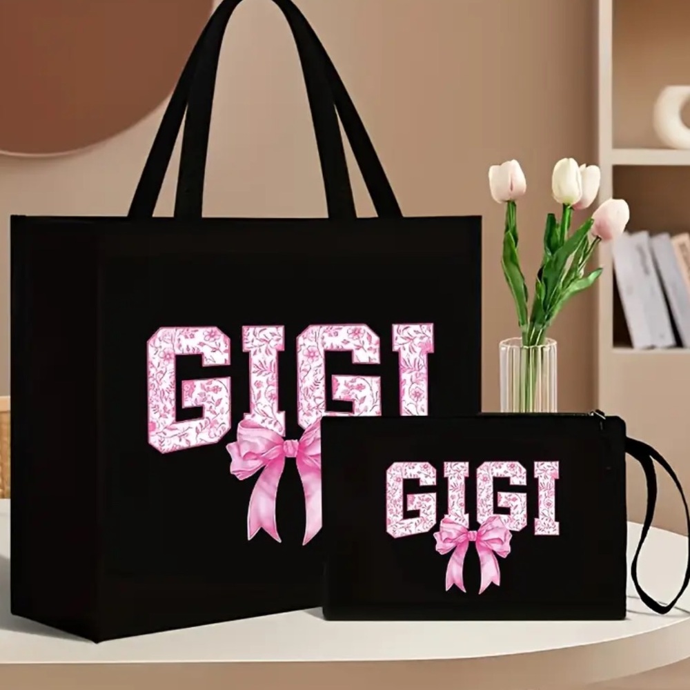 GIGI Black Tote and Clutch Set with Pink Accents, NEW - Picture 4 of 6